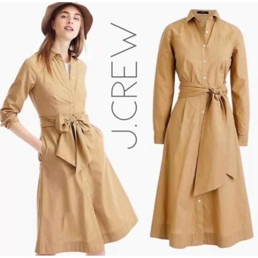 J Crew Poplin Button Front Tie Waist Shirt Dress in Honey Brown Tan Khaki sz‎ 16